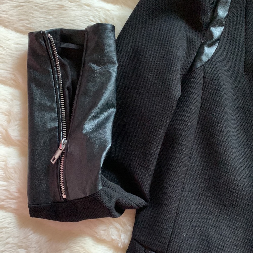 Y2K Black leather trim zippered biker sleeve WRAP blazer Coat Jacket XS S - Picture 10 of 16